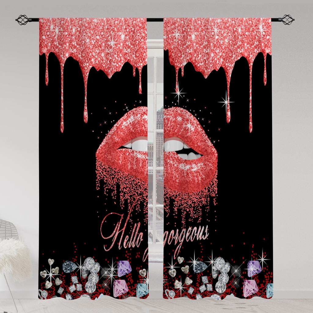 2pcs Lips Printed Translucent Curtains Multi-scene Polyester Rod Pocket Decor Curtains For Living Room Playroom Bedroom Home