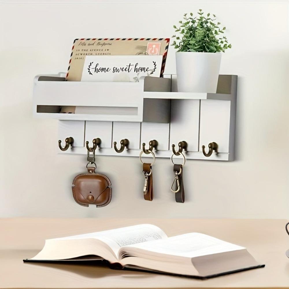 6 Hooks Wooden Key Holder Decorative Key Rack New Wall Mount Organizer  Home Entryway