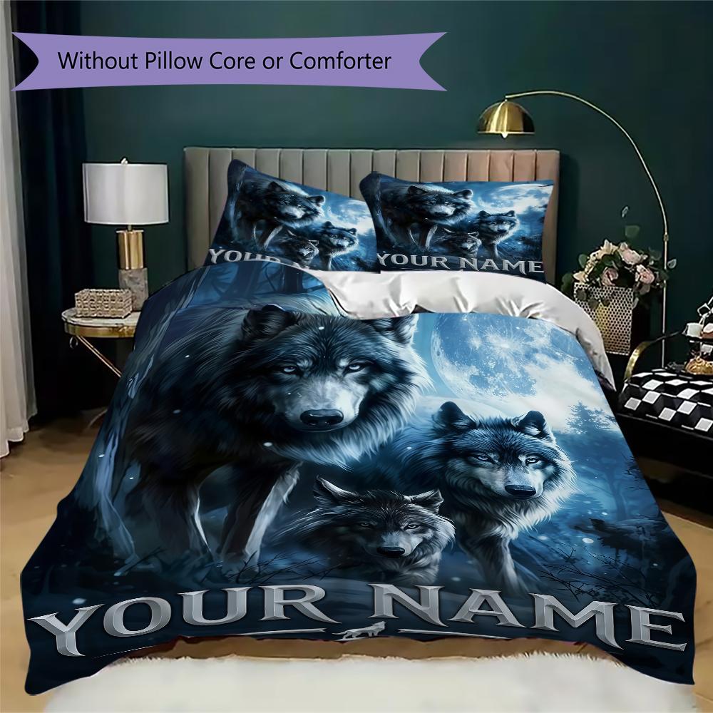 Custom Name Wolf Pack Moonlit Forest Bedding,Quilt Set Quilt Cover Pillowcase Home Birthday Gift(1 * duvet cover + 2 * pillowcase, without core)_lx