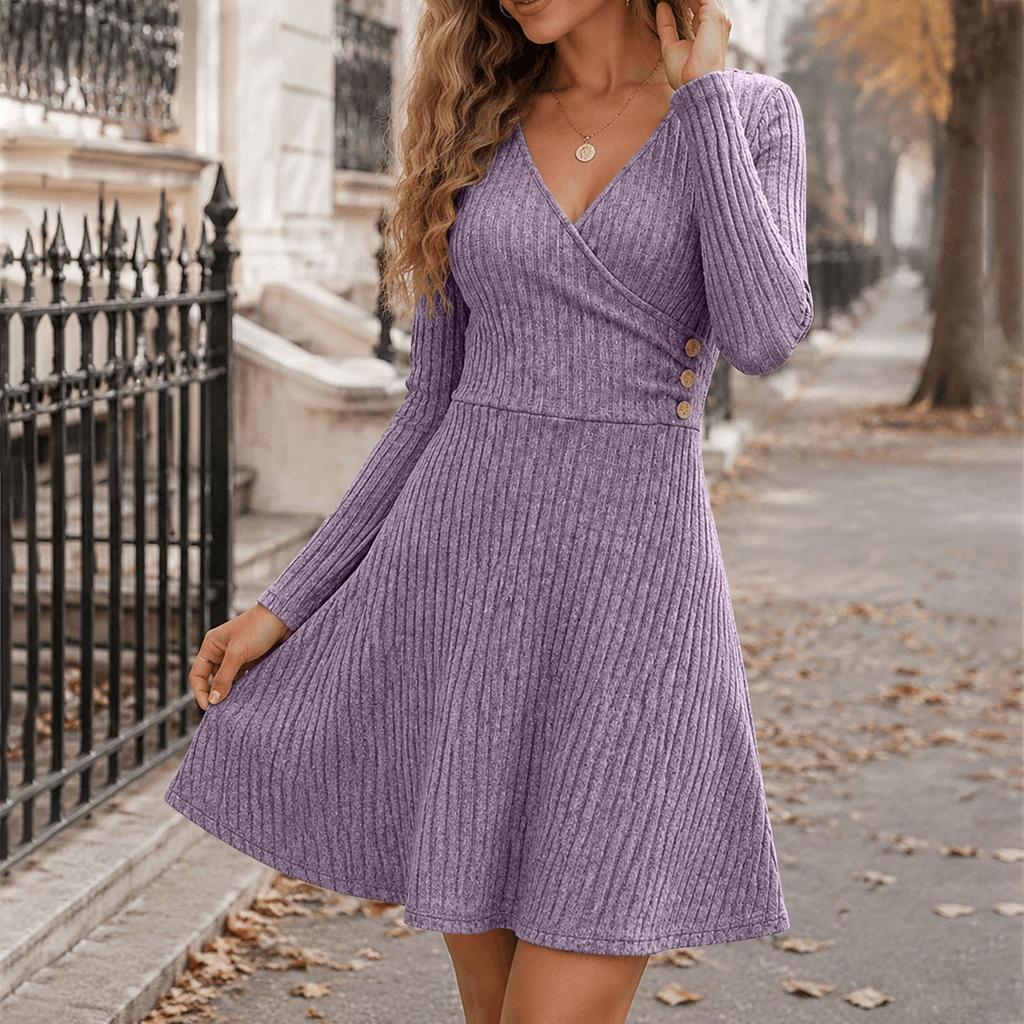 Women's Ribbed Knit Dress, V-Neck Long Sleeve A-Line with Fitted Waist for Casual Wear