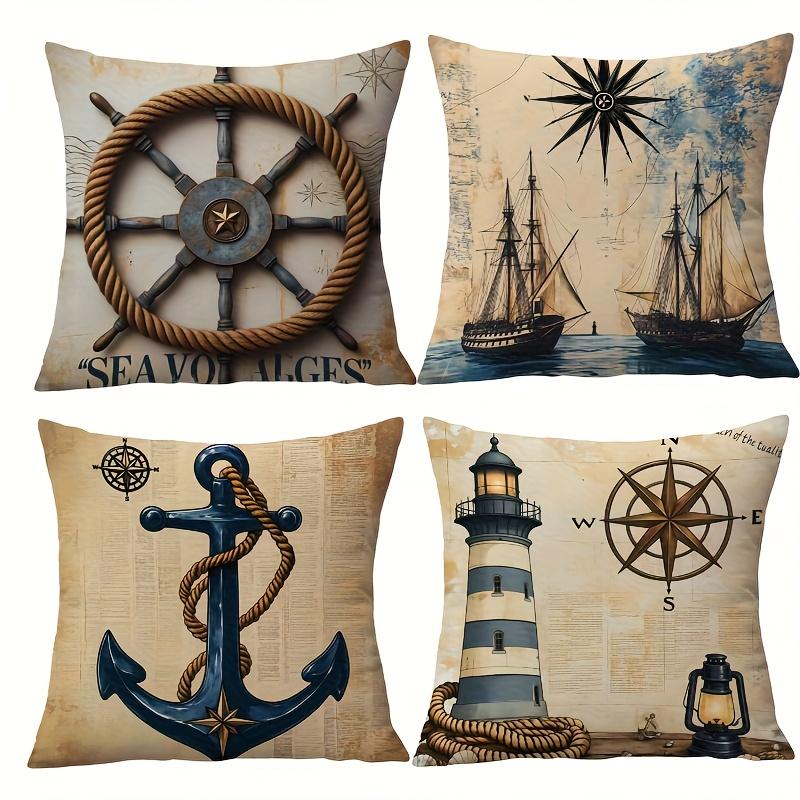Double SidedVintage Nautical Cushion Covers Piece Set Anchor Compass Sailboat Retro Ocean Adventure Throw Pillow Cases