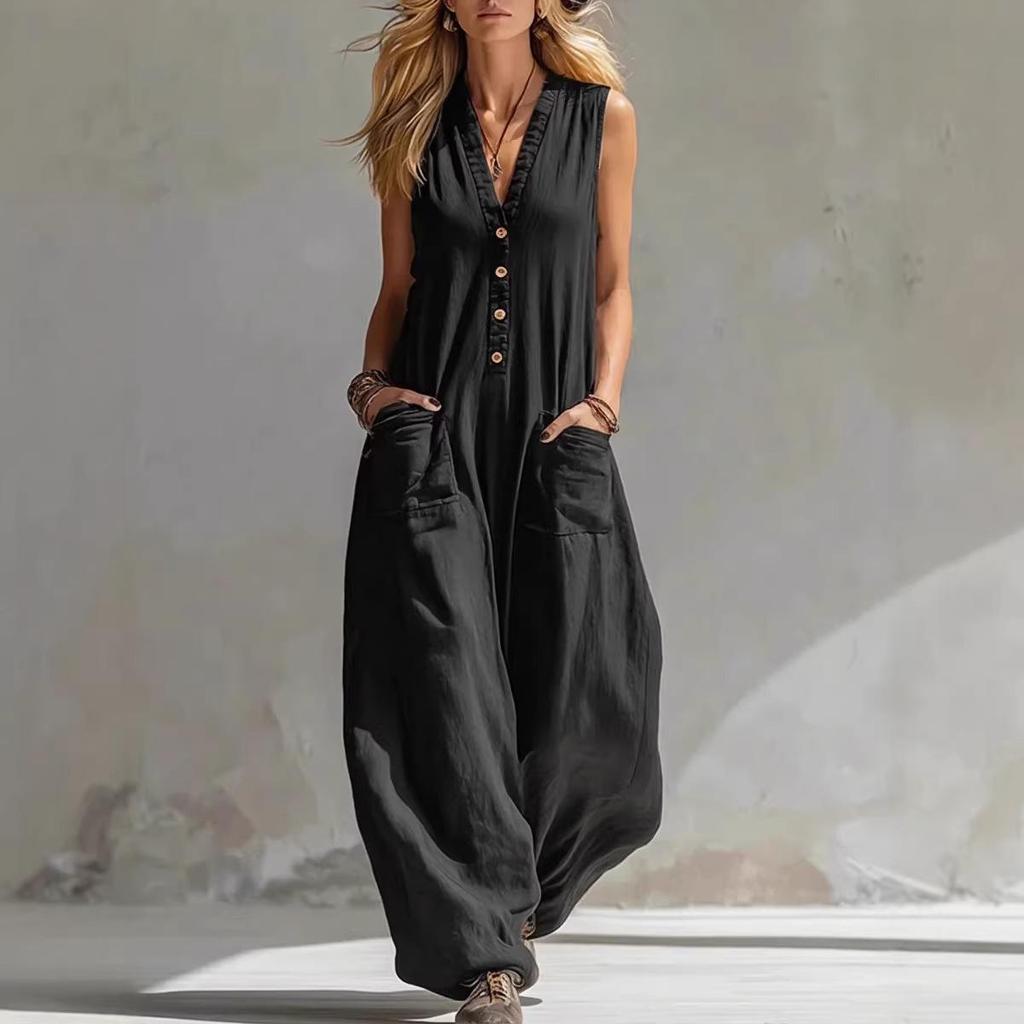 2026 European & American Style Dual Pocket Sleeveless Linen-Cotton Jumpsuit
