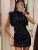 Slim Shoulder Pads Sequin Mini Dress For Woman Elegant Round Neck Sleeveless Female Black Dresses Winter Holiday Party Prom Gown