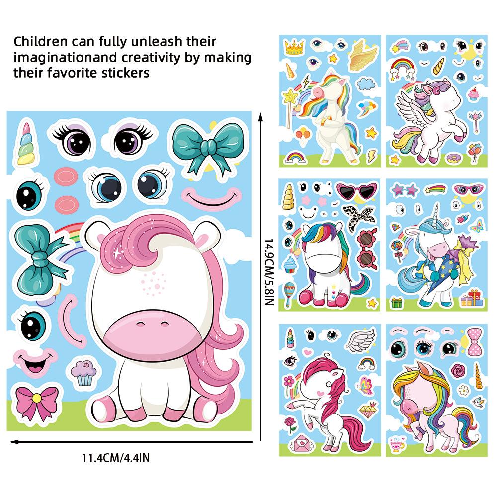 16Sheets Rainbow Unicorn Puzzle Stickers Make A Face Cartoon Decals Diy Guitar Phone Laptop Suitcase Water Cup Skateboard Decals