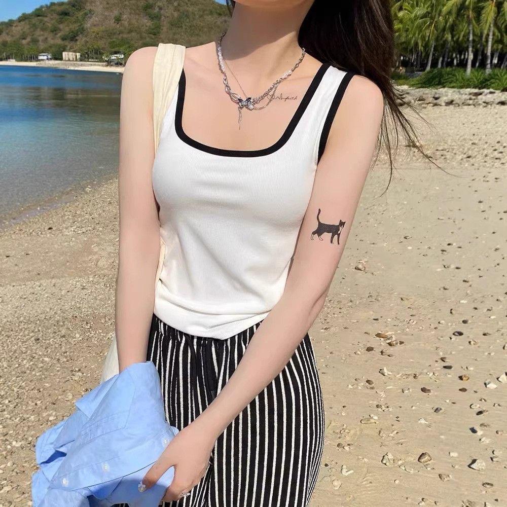 Women's Spicy Girl Square Neck, Wide-Strap Contrast Vest with Fixed Pads, Conceals Underarm Fat, Versatile Casual Top