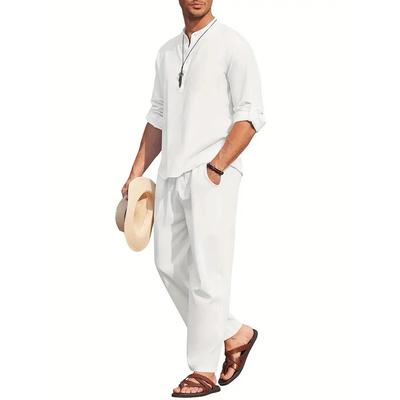 Herrskjorta i bomull och linne för män, tvådelat set, casual, henleykrage, långärmade skjortor, semester, strandbyxor, sommarset