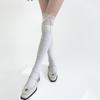 Women Japanese Student Ribbed Knit Stretch Over Knee Long Socks Elegant Lace Splicing Ribbon Bows Thigh High Stockings