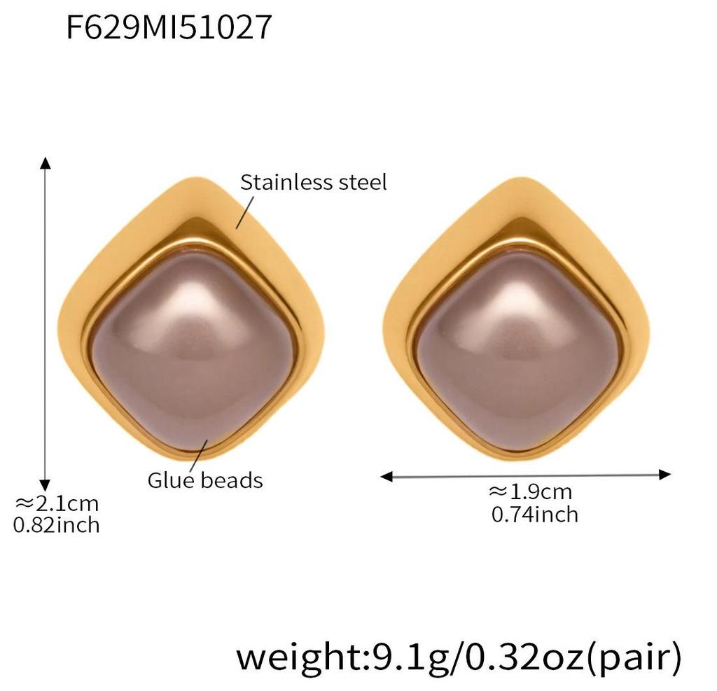 Qiong Yao 18K Gold-Plated Stainless Steel Square Gray Resin Stud Earrings for Women - Elegant & Versatile
