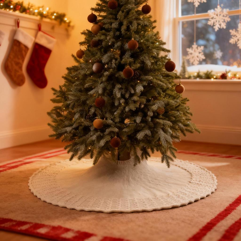 36/48 Inch White Traditional Christmas Tree Skirt Christmas Cotton Knitted Fan-shaped Tree Skirt Christmas Tree Apron Base Cover