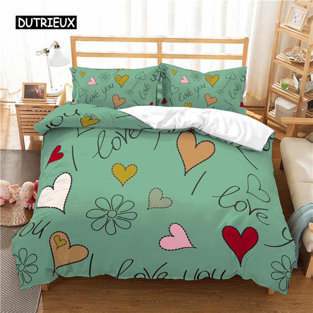 Love Heart Duvet Cover Set Cartoon Fun Colorful Hearts Quilt Cover Twin Romantic Style I Love You Polyester Bedding Set for Teen