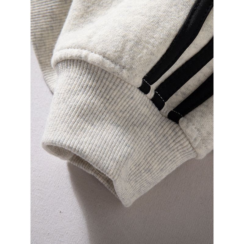 Men's Autumn and Winter Warm Fleece-Lined Thick Striped Color-Block Sweatshirt, Youthful Loose Casual Zip-Up Jacket with Stand Collar, Trendy