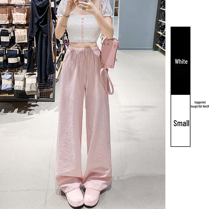 Women's White Linen High-Waisted Wide-Leg Pants - Spring Style, Drapey, Sun Protection, Cotton-Blend Casuals