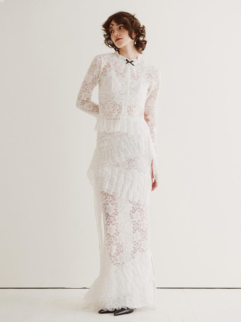Ganiesong Bridal Diagonal Lace Two-Piece Dress_White