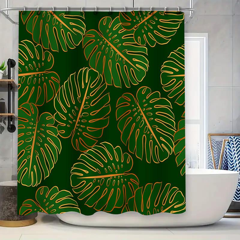 

Green Leaves Shower Curtain With Gold Outline For Bathroom Decor Waterproof Fabric Modern Home Decor Accessories (80 Characters 90x180cm