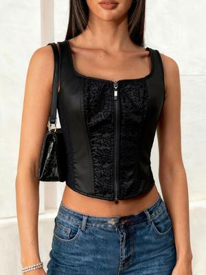 Solid Color Lace-up Zipper Vest with Fishbone Spaghetti Straps and Square Neck