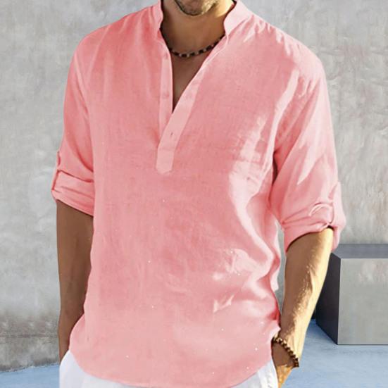 Camicia estiva da uomo maniche lunghe colletto alla coreana tinta unita pullover ampio abbigliamento quotidiano bottoni casual taglie forti uomo top abbigliamento maschile