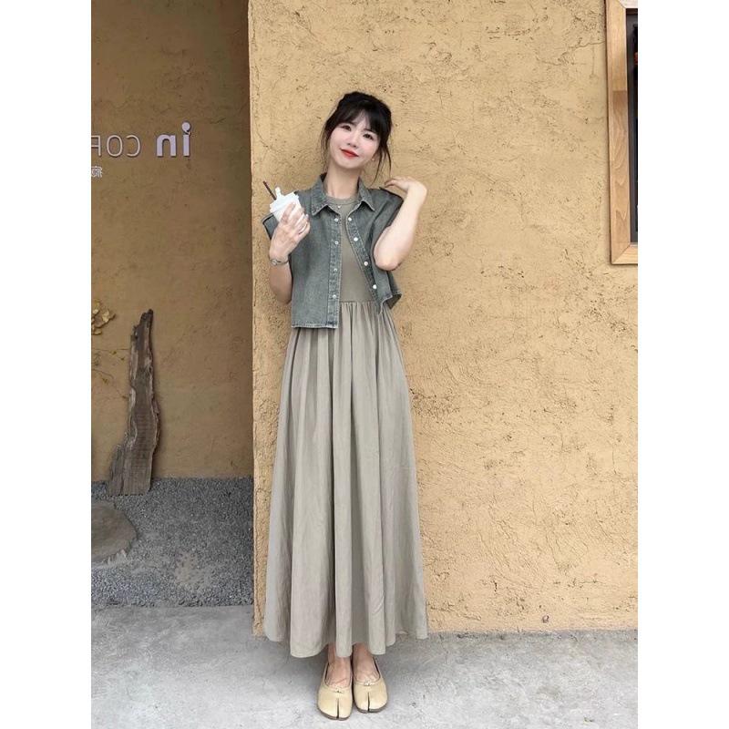 Tea-Toned Summer Chic: Salt-Style Denim Jacket & Dress Set - Trendy, Youthful, and Elegant.
