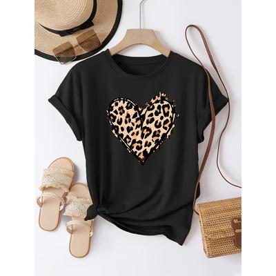 Casual T-shirt met korte mouwen en ronde hals voor dames met een luipaardprint hartontwerp, geschikt voor elk seizoen