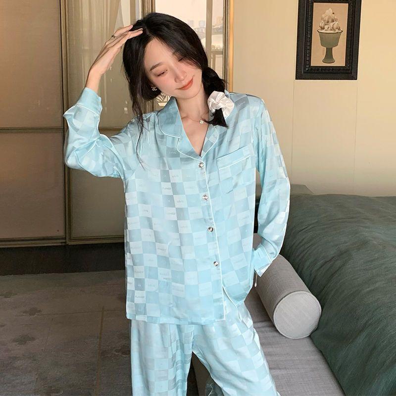 Silk Pajamas Women's Long Sleeve Cardigan Long Pants Pajamas Set Printed Kawaii Clothes Home Clothes