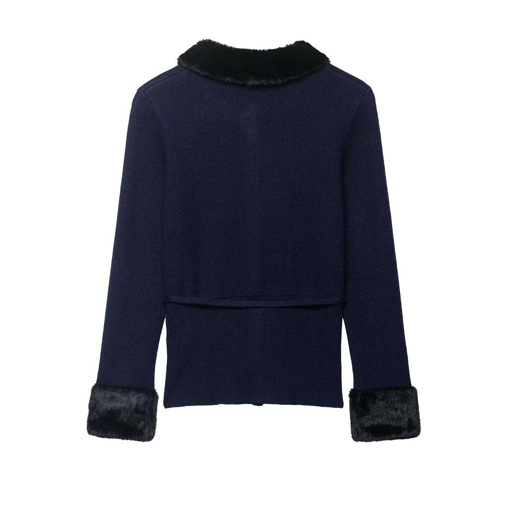 European and American style, new women's clothing, artificial fur effect splicing knitted jacket 2756/128