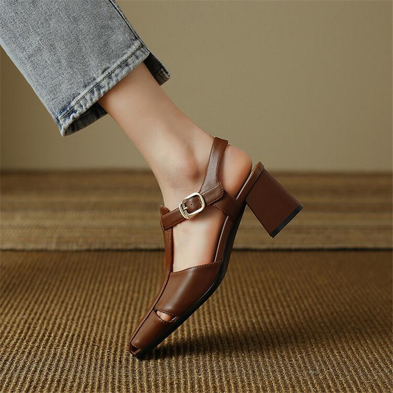 Fashion Split Leather Summer Sandals Square Toe Chunky Heel Sandals for Women High Heels Mary Jane Shoes T-shaped Buckle Ladies Shoes