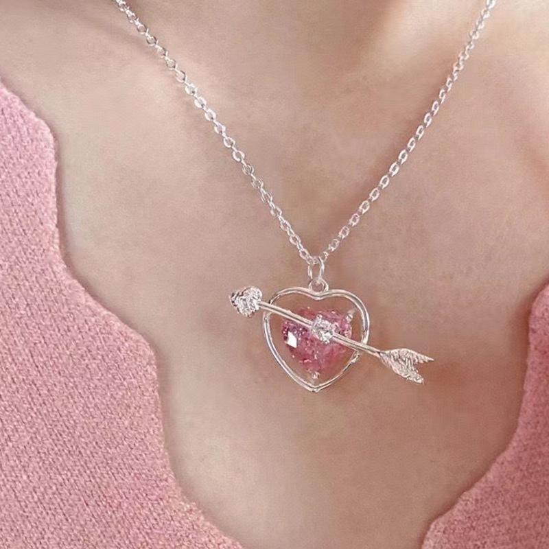 Cupid Heart S925 Sterling Silver Pink Diamond Love Necklace Women's Light Luxury Girl Heart Temperament Collarbone Chain