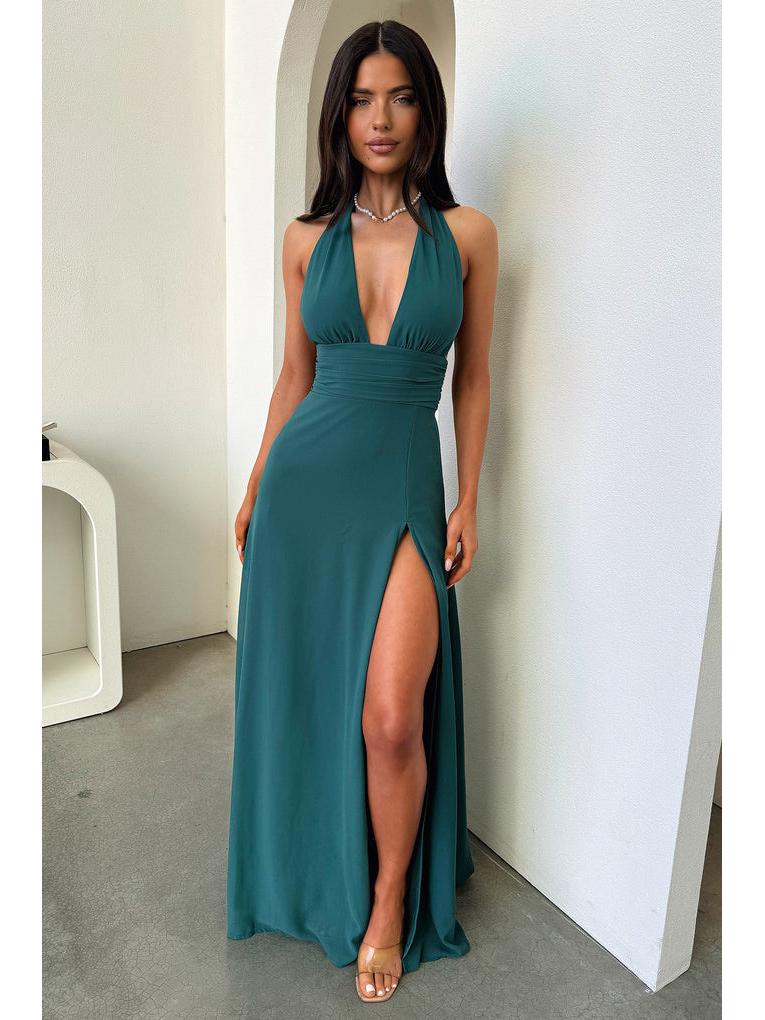 Jarní příchod: Elegantní evropské a americké dámské maxi šaty s halter výstřihem do V a rozparkem