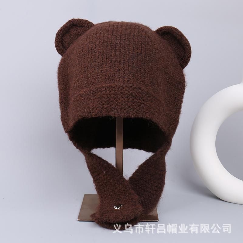 Popular autumn and winter cute bear hat warm and windproof knitted ear hat outdoor versatile and cold-proof wool bald hat