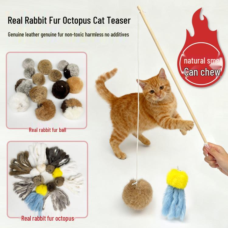 Real Rabbit Fur Octopus Kitten Teaser Toy - Handmade, Non-toxic, Chewable, No Additives Without Stick