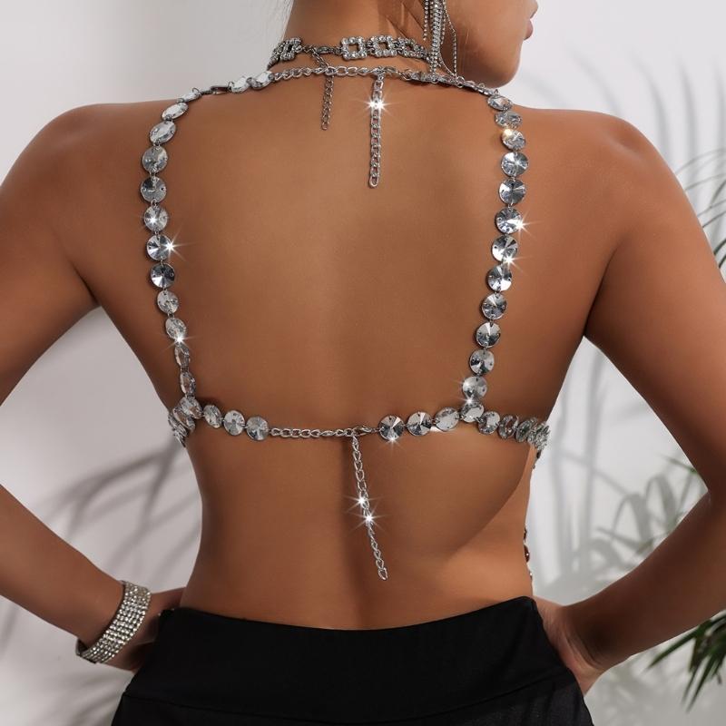 Women Acrylic Crystal Tassels Body Chain Sparkling Body Jewelry Backless Crop Tanks Top for Music Festival Party Outfit