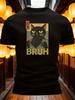 Men'S Vintage Japanese-Style Black Cat T-Shirt Featuring 'BRUH' Text And Japanese Elements, Comfortable Casual Short-Sle