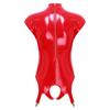 Womens Glossy Patent Leather Bodysuit Mock Neck Sleeveless Hollow Cup Open Crotch Leotard Garter Clips