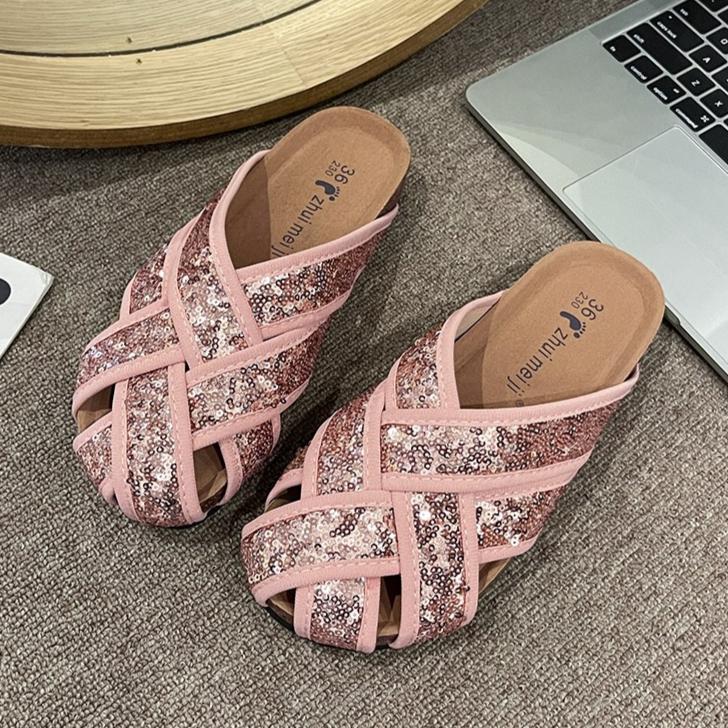 Fashion Bling Weave Mules Shoes Woman Casual Platform Slippers Women Flat Sandals Summer 2025 Trend Shallow Dress Comfort Slides Mujer