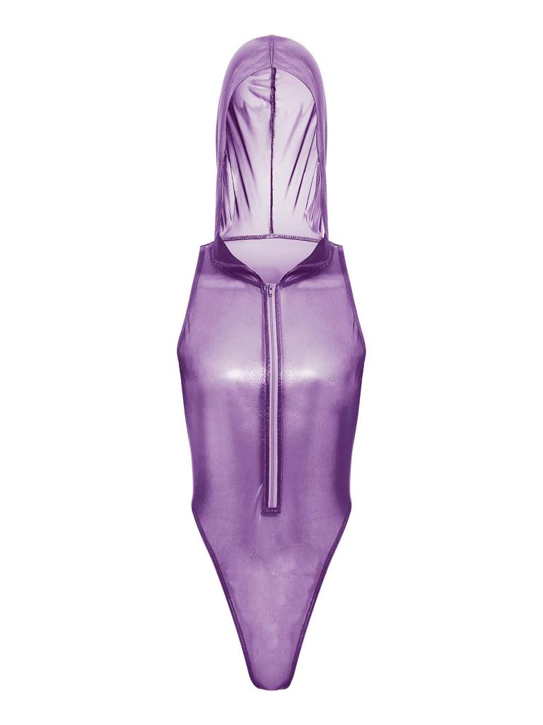 Women Sheer Lingerie Bodysuit Hooded Sleeveless Design Front Zipper Closure Glitter Jumpsuit for Role Play Club