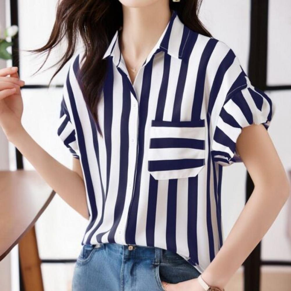 Navava Women Casual Stripe String Short Sleeve Shirt Blouse Nb3165