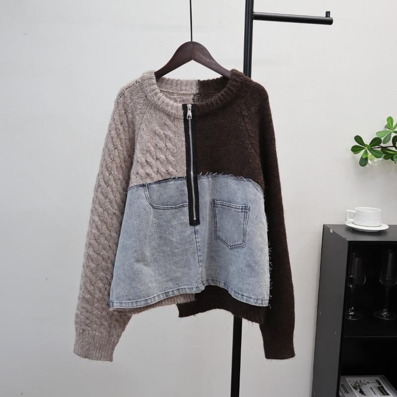 Autumn and Winter New Loose Casual Design Sweater Jacket Women's Semi-zipper Splicing Denim Knitted Sweater