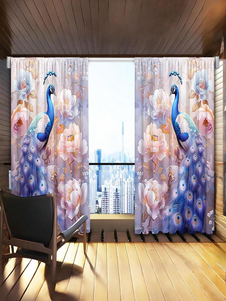 2pcs Vintage Blue Golden Peacock Animal Print Window Curtains,Refer To Bedroom Office Kitchen Living Room Study Home Decor