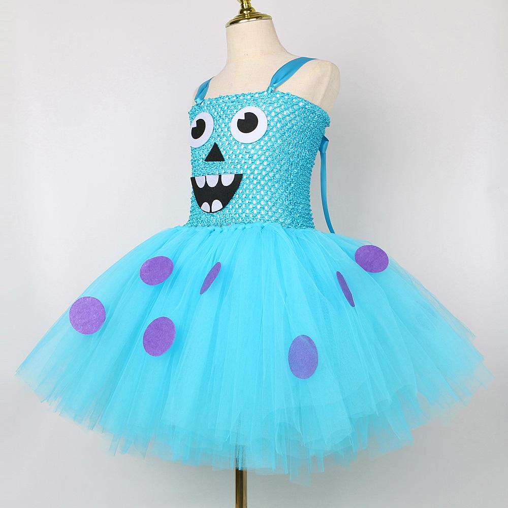Kids' Blue Long-Haired Monster Costume with Puffy Skirt and Mesh Dress