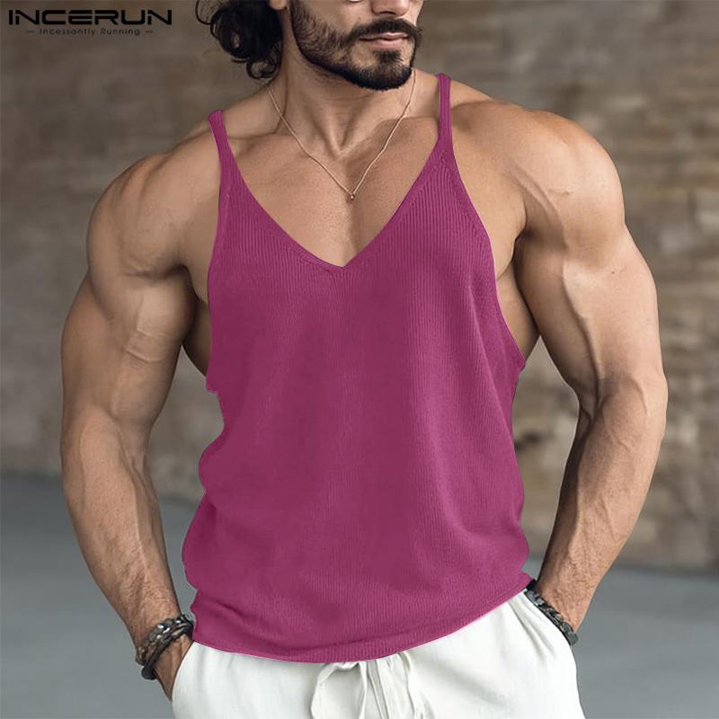 INCERUN Hauts à bretelles pour hommes Décontracté Col en V Sans manches Débardeurs Camisole unis