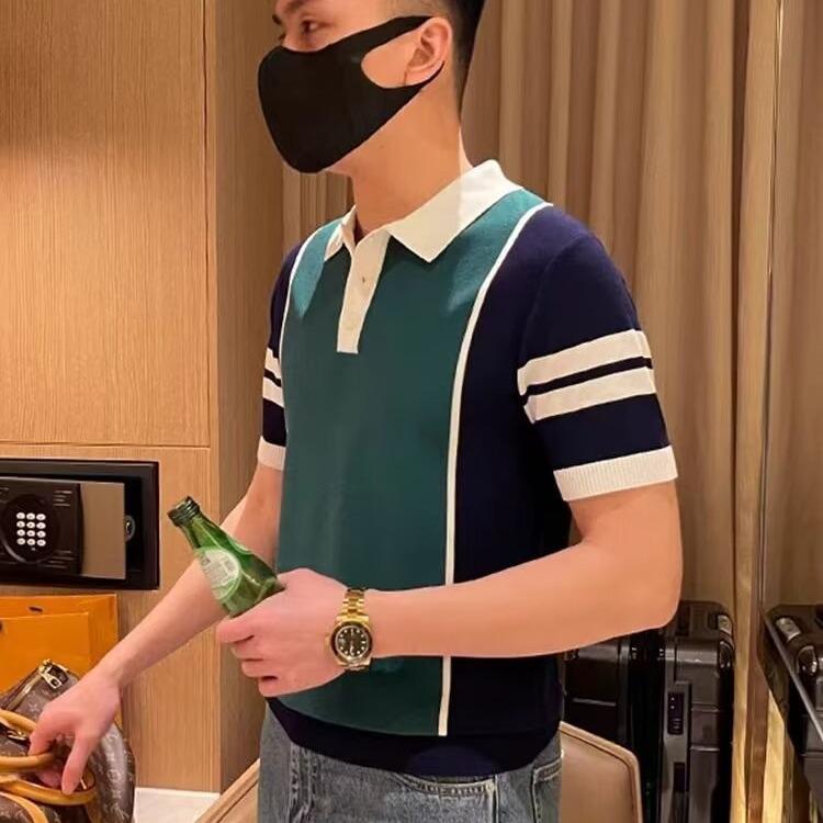 

Мужская летняя 2024 повседневная полосатая рубашка поло из ледяного шелка 3X-Large синий