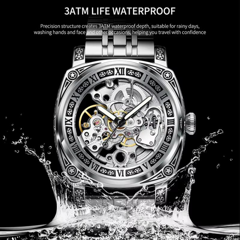 TEVISE Skelett Mechanische Uhr Herren Vintage Graviert Automatik Mechanische Armbanduhren Silber Edelstahlarmband
