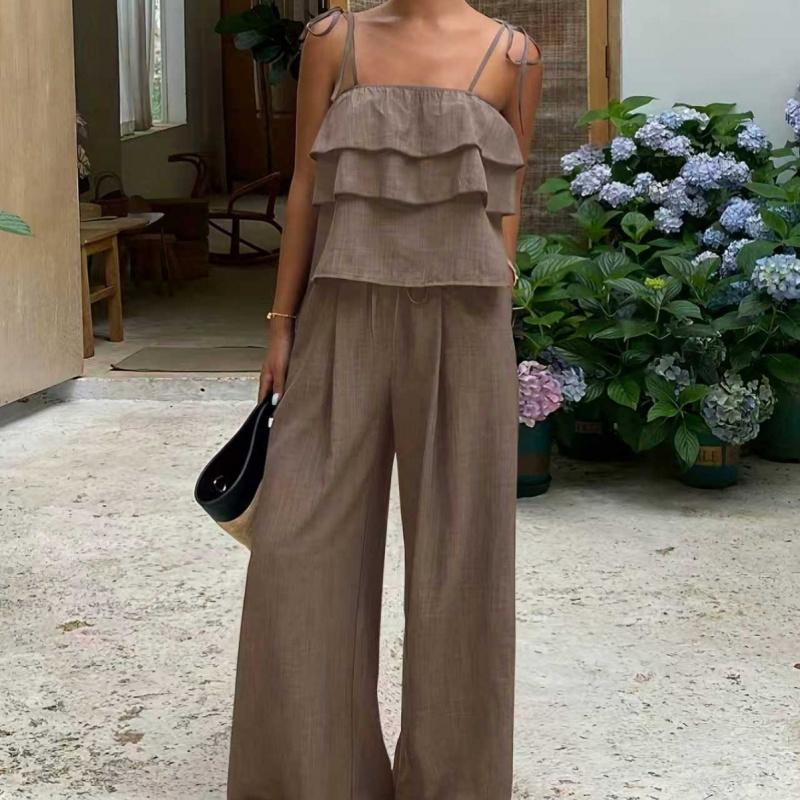 2026 New Fashion Ruffle Trim Camisole Top High-Waisted Tie-Up Pants Casual Women's Suit