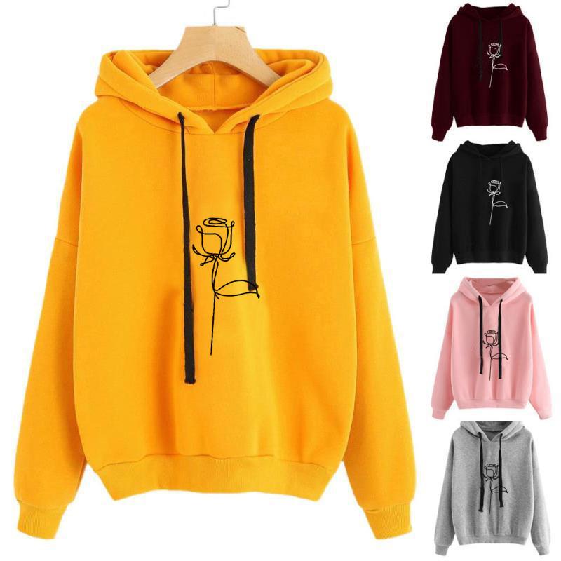 2026 Amazon Clothing Women's Drawstring Hooded Sweater Rose Print Loose Long Sleeves