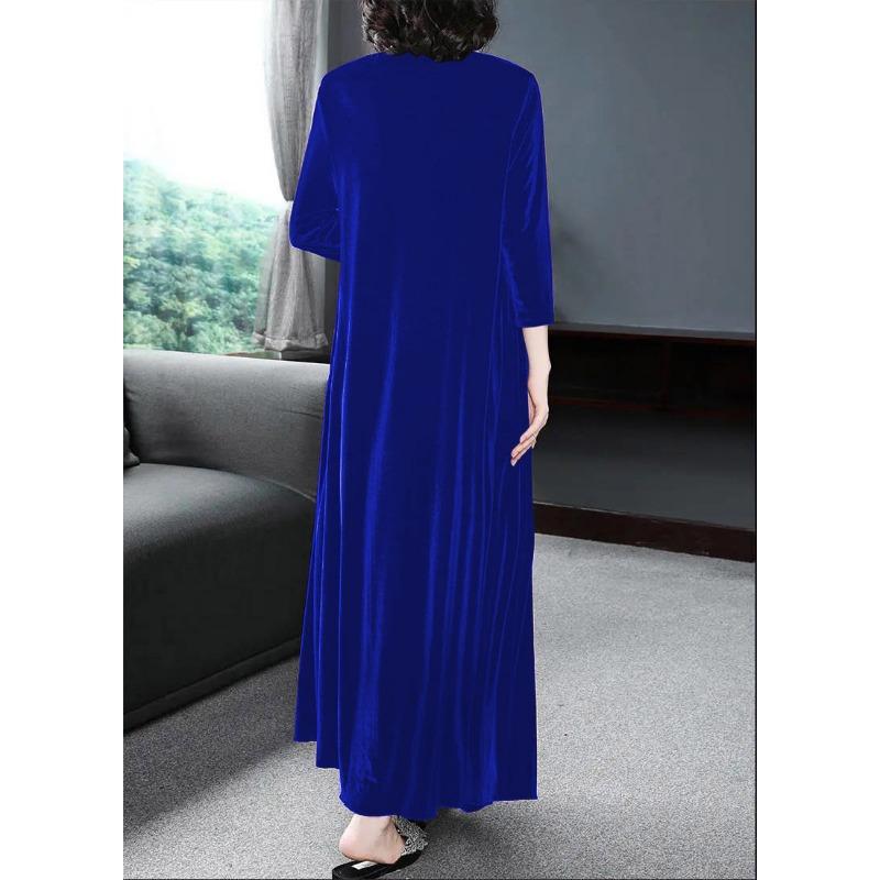 Women Casual Solid Velvet Round Neck Long Sleeve Loose Long A Line Dress