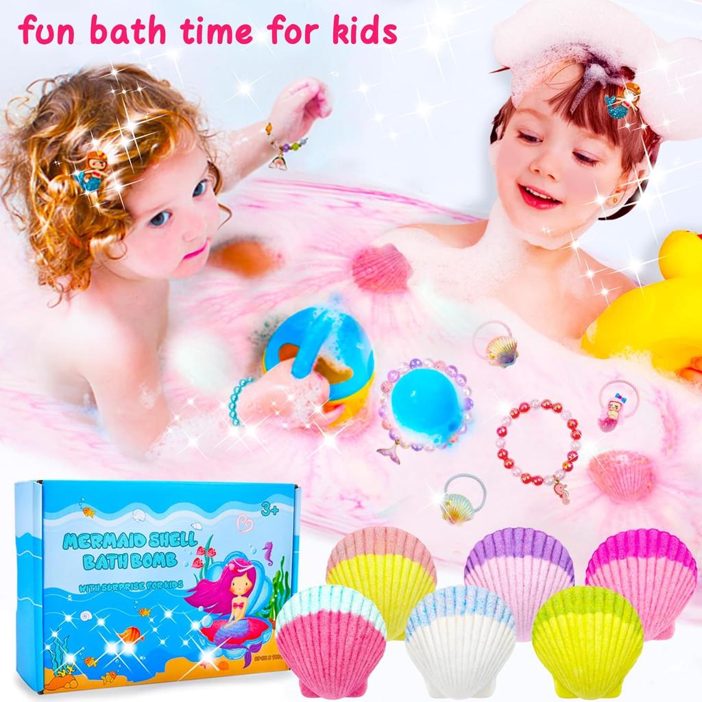 Mermaid Bath Bombs for Kids Girls with Surprise Inside, 6 Pcs Natural Fizzy Princess Fun Shell Bubble Bath Bomb Kit with Jewelry Toys, Christmas