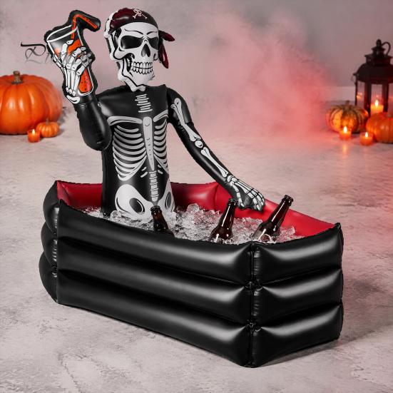 Halloween Party Decorations for Yard Inflatable Skull Ice Bucket, Pirate Skeleton Drink Cooler Party, Beverage Tub Summer Thickened PVC Portable