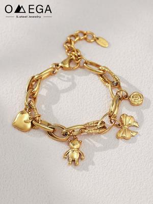 Stainless Steel Chain Bracelet For Women 18k Gold Plated Waterproof Non Tarnish Women's Heart Bear Flower Bow Charms Bracelets