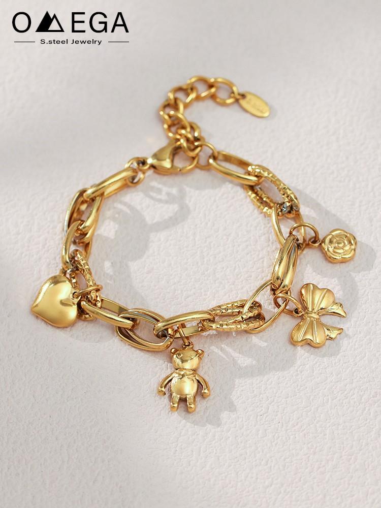 Stainless Steel Chain Bracelet For Women 18k Gold Plated Waterproof Non Tarnish Women's Heart Bear Flower Bow Charms Bracelets