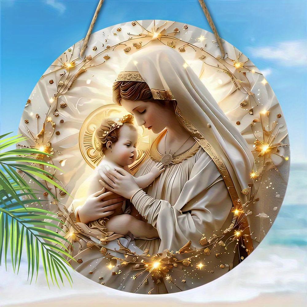 Virgin Mary & Jesus Wooden Sign, Round Front Door Decor, Golden Halo Religious Wall Hanging - Ideal for Christian Home & Church Decor