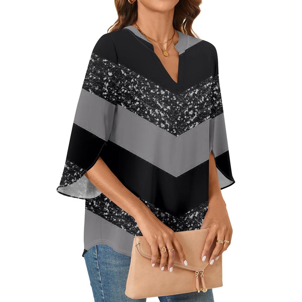 Womens Tops 3/4 Tiered Bell Sleeve V Neck Geometry Printed  Blouses Work Tunic Shirts